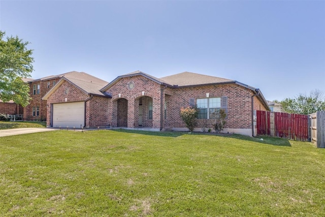 single story home featuring a front yard, brick siding, fence, and an attached garage