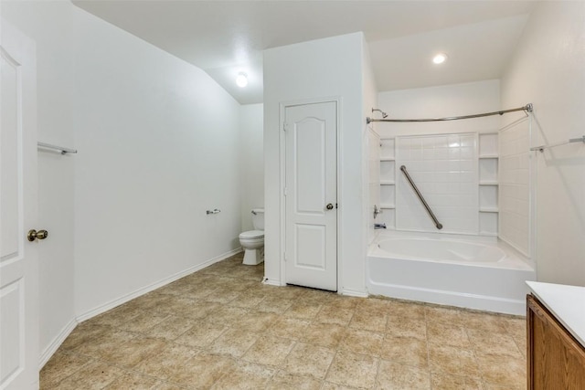 full bath with toilet, tub / shower combination, baseboards, and vanity
