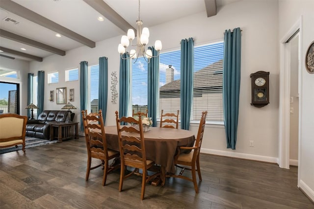 dining space featuring beamed ceiling, visible vents, a chandelier, baseboards, and dark wood-style floors