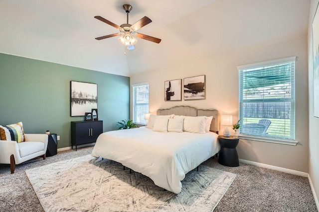2013 Garretts Way, Manchaca, TX 78652 - bedroom featuring baseboards, carpet floors, ceiling fan, and vaulted ceiling