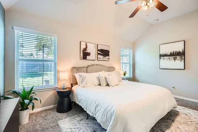 2013 Garretts Way, Manchaca, TX 78652 - carpeted bedroom featuring lofted ceiling, baseboards, and a ceiling fan