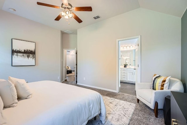 2013 Garretts Way, Manchaca, TX 78652 - bedroom with carpet flooring, ensuite bath, baseboards, lofted ceiling, and a ceiling fan
