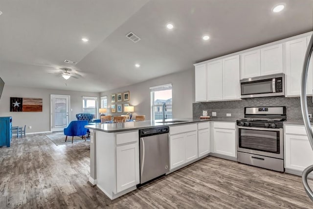 100 Vickers St, Georgetown, TX 78628 - kitchen featuring a sink, light wood finished floors, stainless steel appliances, a peninsula, and visible vents