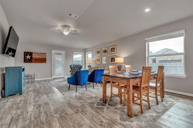 100 Vickers St, Georgetown, TX 78628 - dining area with baseboards, a ceiling fan, wood finished floors, and visible vents