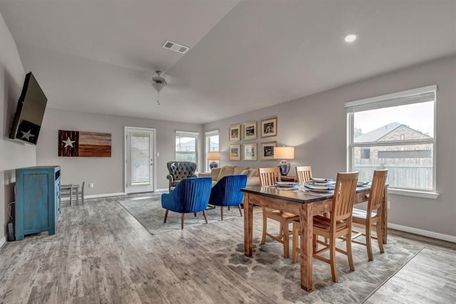 100 Vickers St, Georgetown, TX 78628 - dining space with baseboards, a ceiling fan, wood finished floors, and visible vents