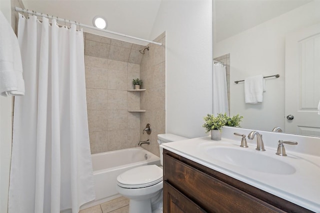 bathroom featuring toilet, tile patterned flooring, shower / bathtub combination with curtain, and vanity