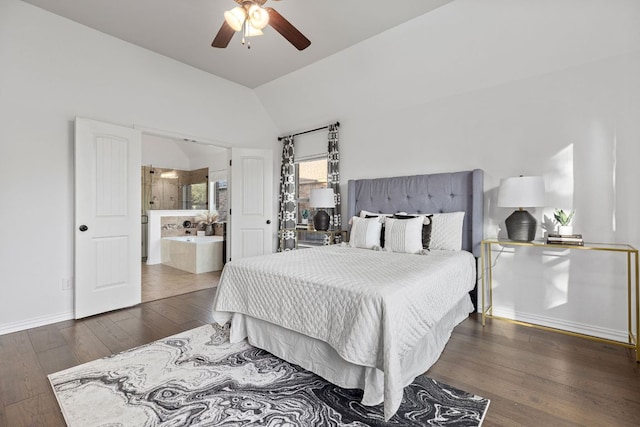 2632 Los Alamos Pass, Round Rock, TX 78665 - bedroom with wood finished floors, vaulted ceiling, baseboards, connected bathroom, and a ceiling fan
