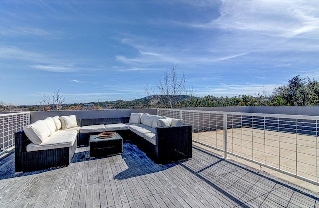 9707 Timber Ridge Pass, Austin, TX 78733 - view of patio with an outdoor living space with a fire pit and a wooden deck