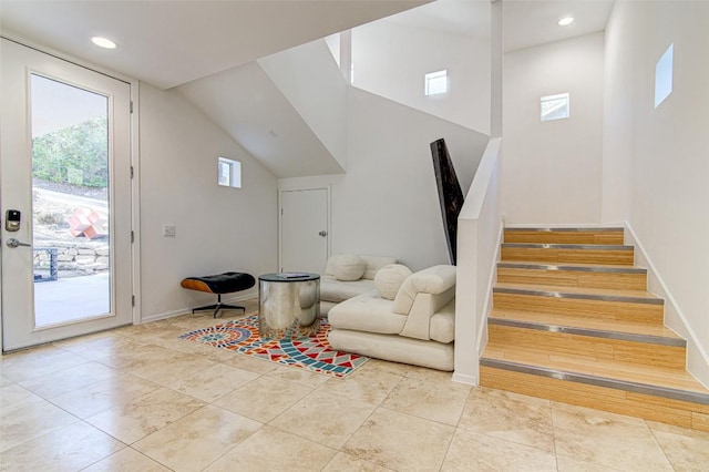 9707 Timber Ridge Pass, Austin, TX 78733 - living area featuring stairway, recessed lighting, and tile patterned flooring