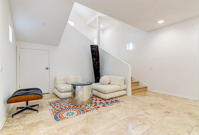 9707 Timber Ridge Pass, Austin, TX 78733 - living area featuring stairs, recessed lighting, and vaulted ceiling