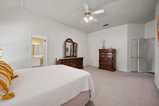 bedroom with visible vents, baseboards, ceiling fan, vaulted ceiling, and light colored carpet