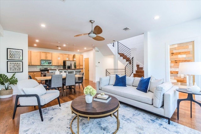 2608 E 6th St Unit 6, Austin, TX 78702 - living area with recessed lighting, visible vents, light wood-style flooring, stairs, and ceiling fan