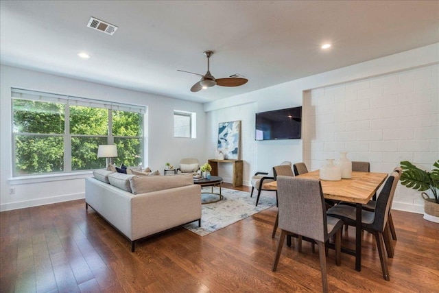 2608 E 6th St Unit 6, Austin, TX 78702 - living area featuring a ceiling fan, baseboards, dark wood-type flooring, visible vents, and recessed lighting