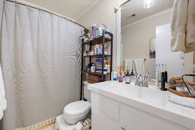 bathroom featuring toilet, a textured ceiling, ornamental molding, and visible vents