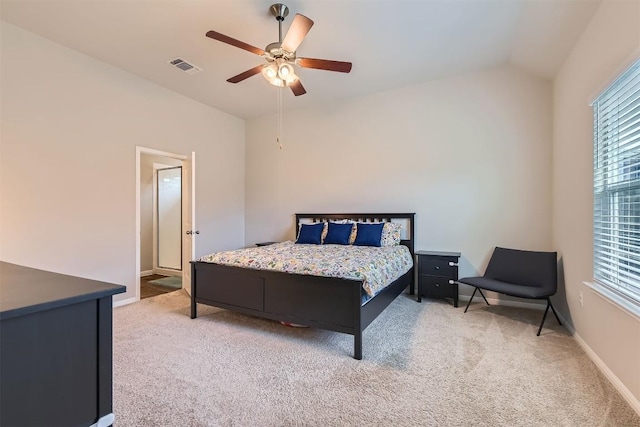 2232 Baugh Rd, Austin, TX 78754 - bedroom with light colored carpet, vaulted ceiling, a ceiling fan, and baseboards