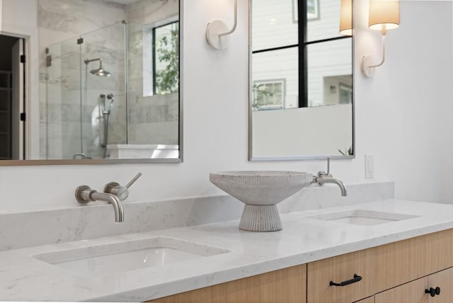 3412 Rosefinch Trl, Austin, TX 78746 - bathroom with a shower stall and double vanity