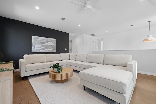 3412 Rosefinch Trl, Austin, TX 78746 - living area featuring light wood finished floors, recessed lighting, and a ceiling fan