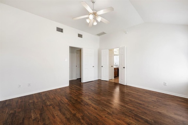 18513 Silent Water Way, Pflugerville, TX 78660 - unfurnished bedroom featuring wood finished floors, ensuite bathroom, high vaulted ceiling, and a ceiling fan