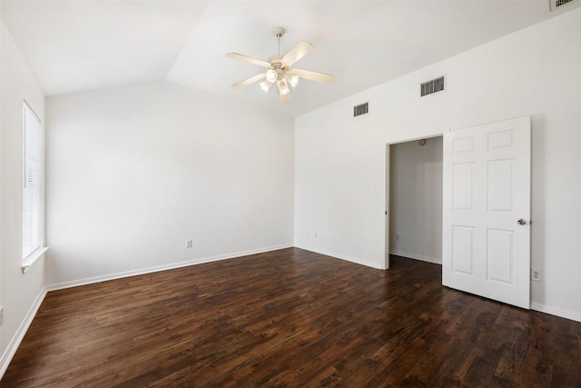 18513 Silent Water Way, Pflugerville, TX 78660 - empty room with ceiling fan, lofted ceiling, and dark wood-style flooring