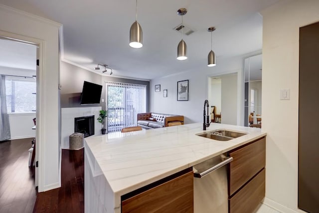 kitchen featuring a sink, open floor plan, dark wood-style flooring, a fireplace, and brown cabinets