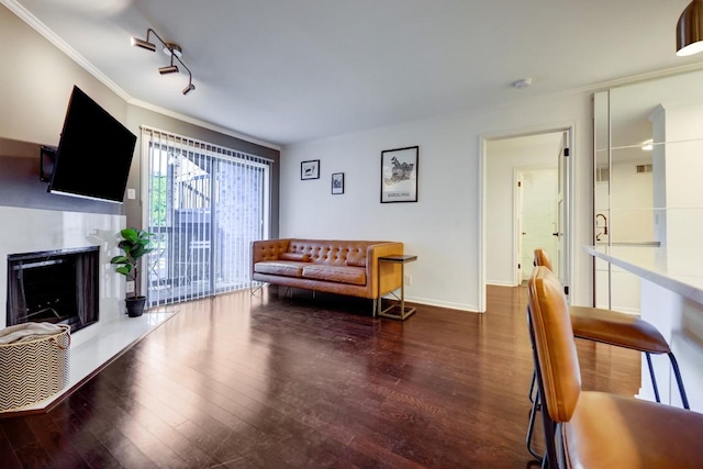 living area with baseboards, ornamental molding, wood finished floors, rail lighting, and a premium fireplace