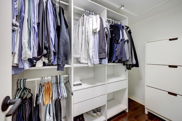 walk in closet featuring dark wood-type flooring