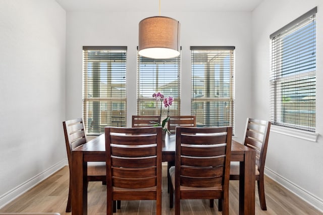 dining space featuring baseboards and wood finished floors