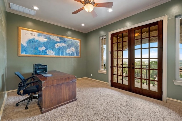 11913 Preserve Vista Ter, Austin, TX 78738 - carpeted office featuring french doors, baseboards, a ceiling fan, ornamental molding, and recessed lighting