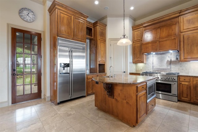 11913 Preserve Vista Ter, Austin, TX 78738 - kitchen featuring built in appliances, stone counters, ornamental molding, brown cabinets, and tasteful backsplash