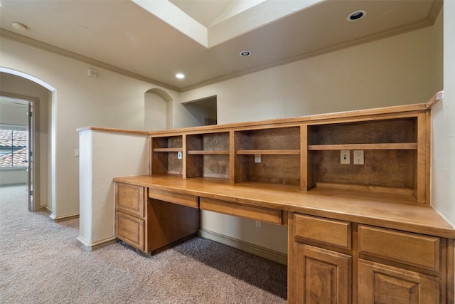 11913 Preserve Vista Ter, Austin, TX 78738 - unfurnished office featuring crown molding, light colored carpet, built in study area, arched walkways, and recessed lighting