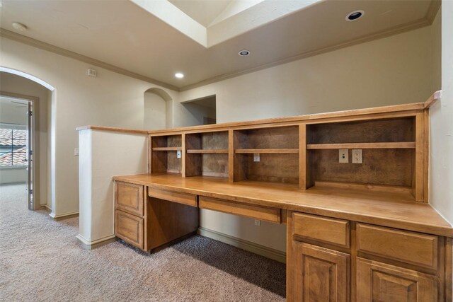 11913 Preserve Vista Ter, Austin, TX 78738 - unfurnished office with crown molding, light colored carpet, built in desk, arched walkways, and recessed lighting