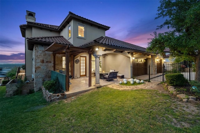 11913 Preserve Vista Ter, Austin, TX 78738 - back of property with a patio, stucco siding, a tiled roof, and a chimney