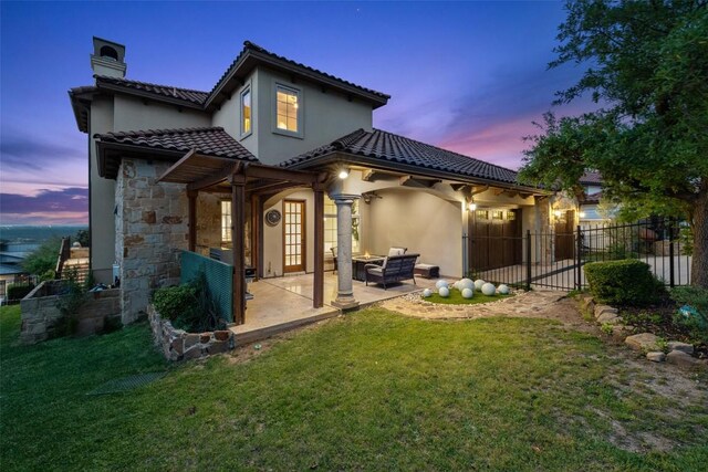11913 Preserve Vista Ter, Austin, TX 78738 - back of house featuring a patio, stucco siding, a tiled roof, and a chimney