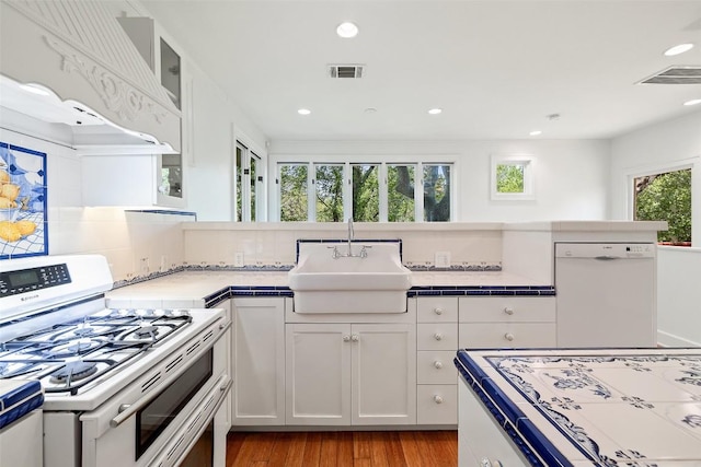 1114 Reagan Ter, Austin, TX 78704 - kitchen featuring white appliances, a sink, white cabinetry, light wood-style flooring, and recessed lighting