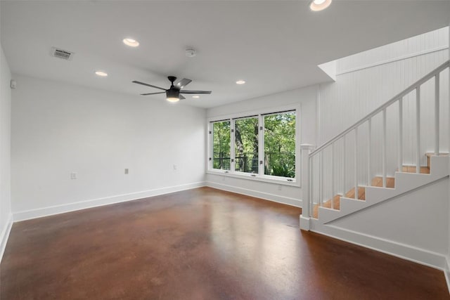 1114 Reagan Ter, Austin, TX 78704 - unfurnished room with baseboards, recessed lighting, concrete floors, stairway, and a ceiling fan