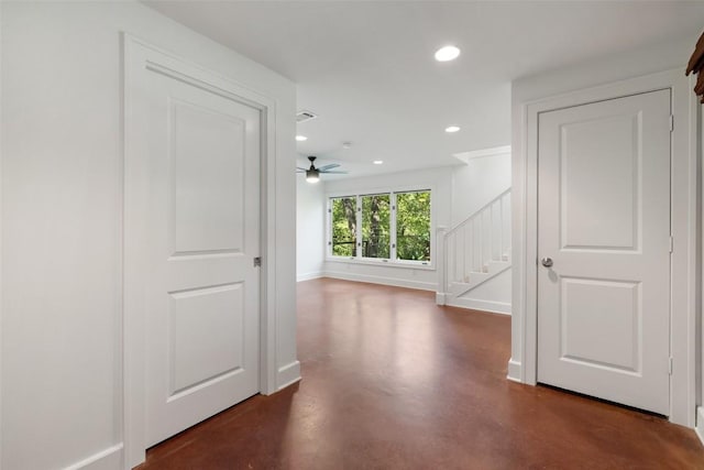 1114 Reagan Ter, Austin, TX 78704 - hall featuring stairs, finished concrete floors, recessed lighting, and baseboards