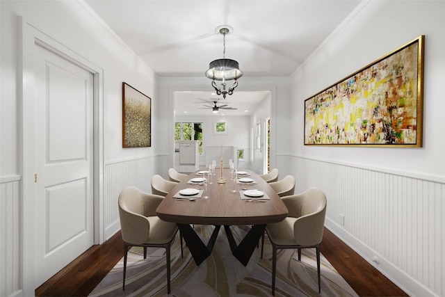 1114 Reagan Ter, Austin, TX 78704 - dining space featuring dark wood finished floors, wainscoting, a chandelier, and crown molding