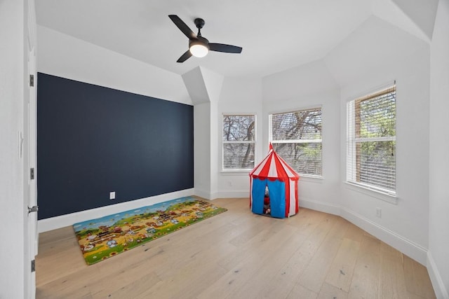 1409 Vibar Cv, Round Rock, TX 78681 - rec room with hardwood / wood-style floors, ceiling fan, and lofted ceiling