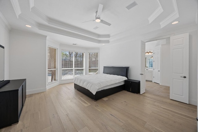 1409 Vibar Cv, Round Rock, TX 78681 - bedroom featuring a tray ceiling, crown molding, light wood-type flooring, recessed lighting, and a ceiling fan