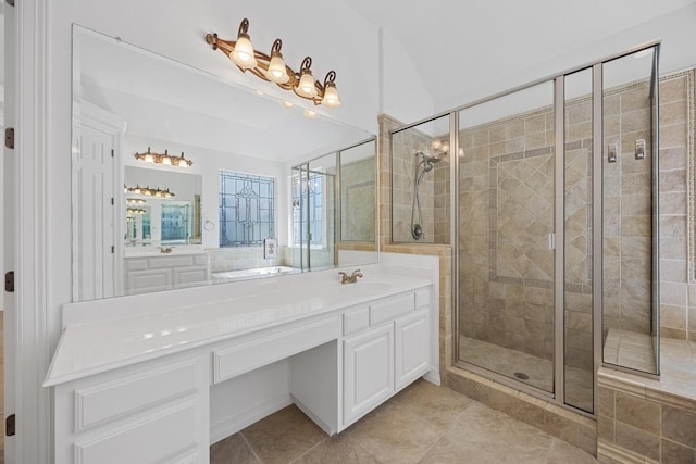 1409 Vibar Cv, Round Rock, TX 78681 - full bathroom with vanity, a stall shower, and tile patterned flooring