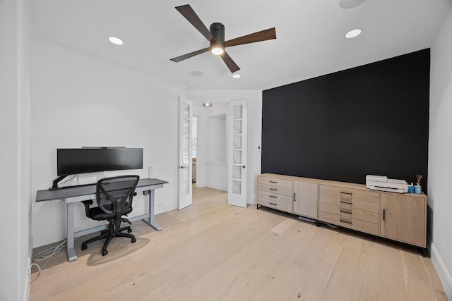 1409 Vibar Cv, Round Rock, TX 78681 - home office featuring ceiling fan, light wood finished floors, recessed lighting, and french doors