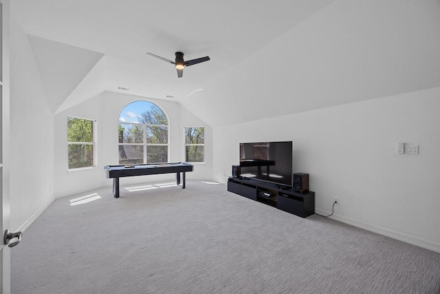 1409 Vibar Cv, Round Rock, TX 78681 - rec room with carpet, lofted ceiling, ceiling fan, and pool table