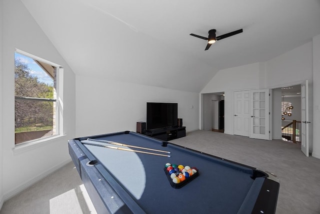 1409 Vibar Cv, Round Rock, TX 78681 - rec room featuring lofted ceiling, carpet floors, a ceiling fan, and billiards table