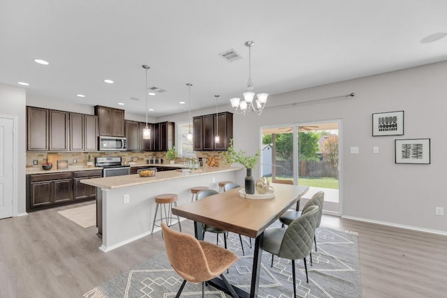 kitchen featuring stainless steel appliances, tasteful backsplash, dark brown cabinetry, and light wood-style floors