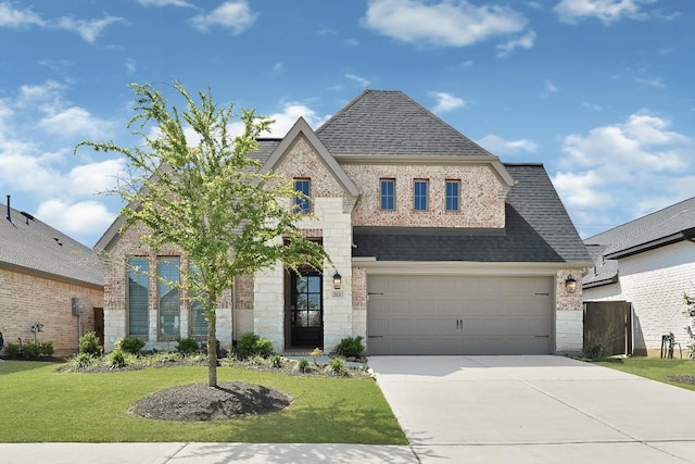 2831 Tanager Trce, Katy, TX 77493 - french country style house featuring brick siding, a front lawn, roof with shingles, driveway, and an attached garage