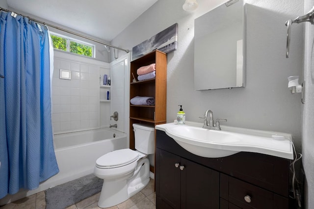 full bath featuring toilet, tile patterned floors, vanity, and shower / bathtub combination with curtain