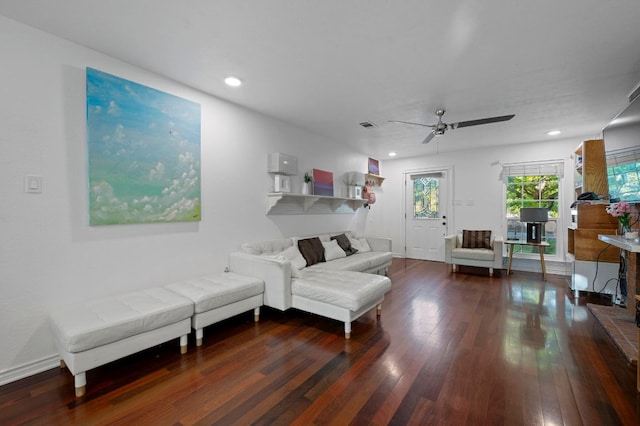 living area featuring ceiling fan, recessed lighting, visible vents, and wood finished floors