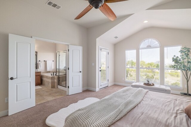 103 Aria Rdg Unit 902, Austin, TX 78738 - bedroom with light carpet, vaulted ceiling, ensuite bathroom, access to outside, and ceiling fan