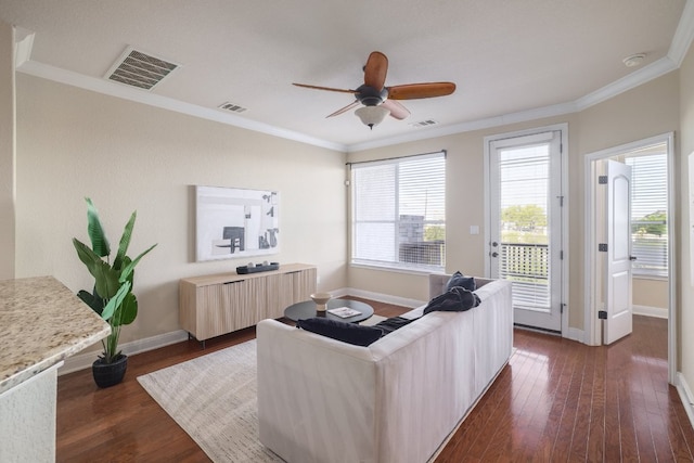 103 Aria Rdg Unit 902, Austin, TX 78738 - living area with dark wood-style flooring, crown molding, and a ceiling fan