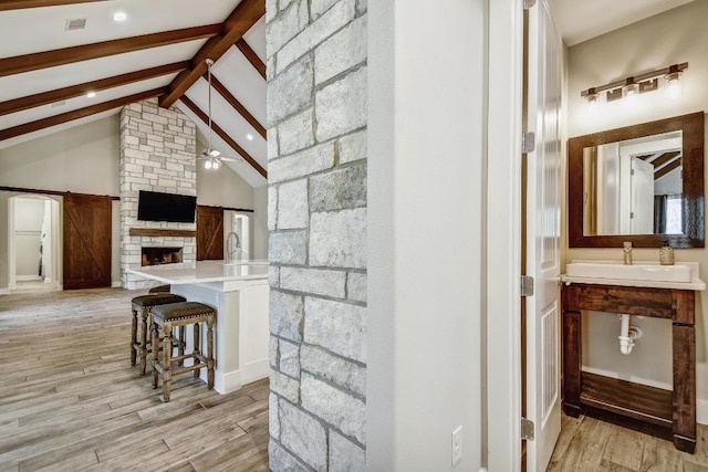 1609 Havenwood Blvd, New Braunfels, TX 78132 - interior space featuring light wood finished floors, a ceiling fan, and a fireplace